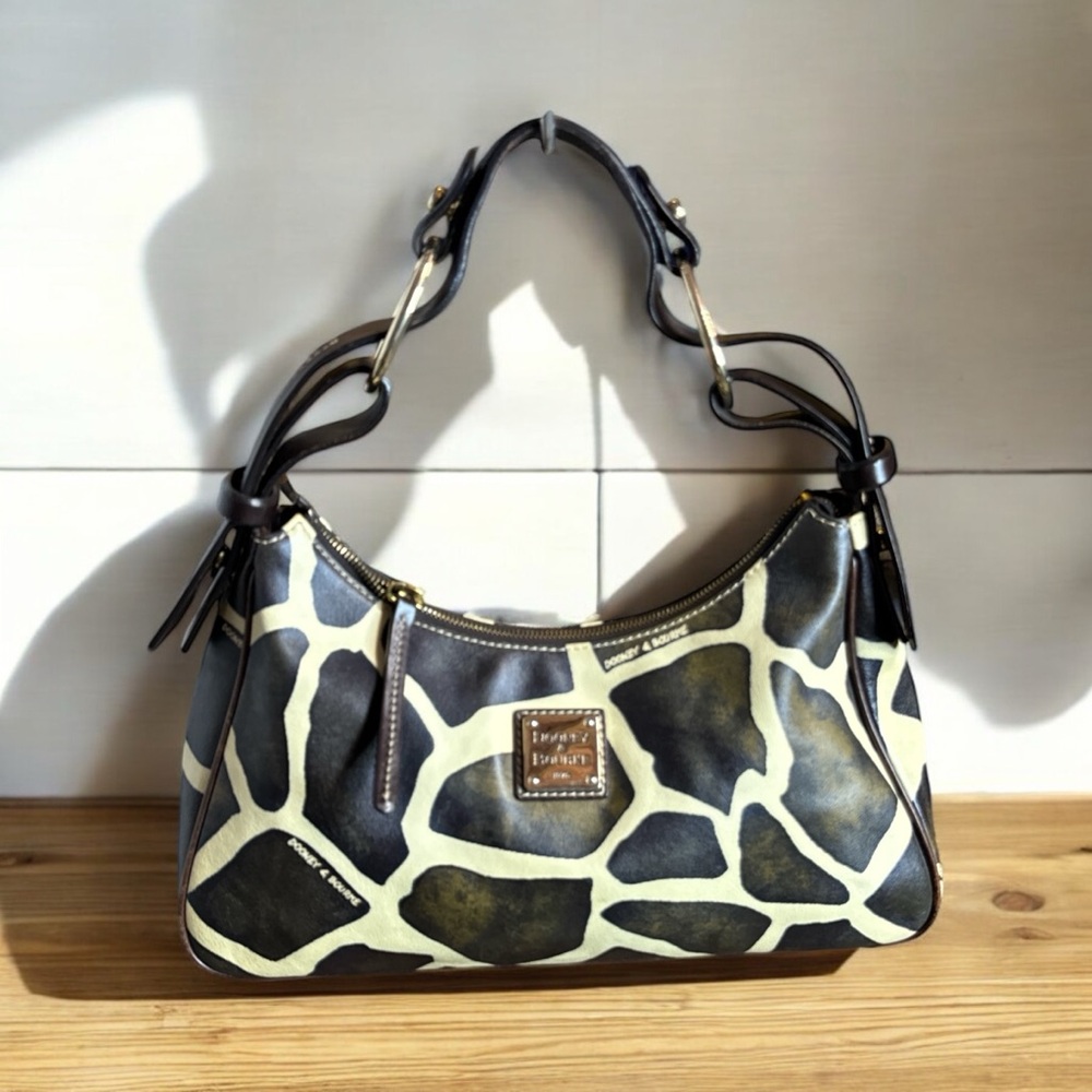 Dooney & Bourke Giraffe Print Shoulder Bag, Crescent Shaped, Leather, Top Zipper